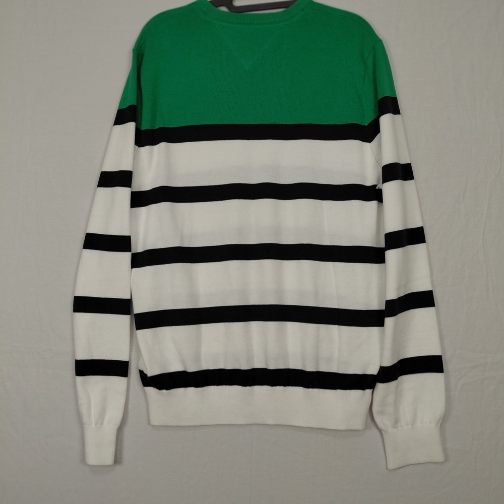 Tommy Hilfiger Sweater Mens Sz M Knit Striped Green Navy White Preppy Crest Logo - Picture 9 of 14